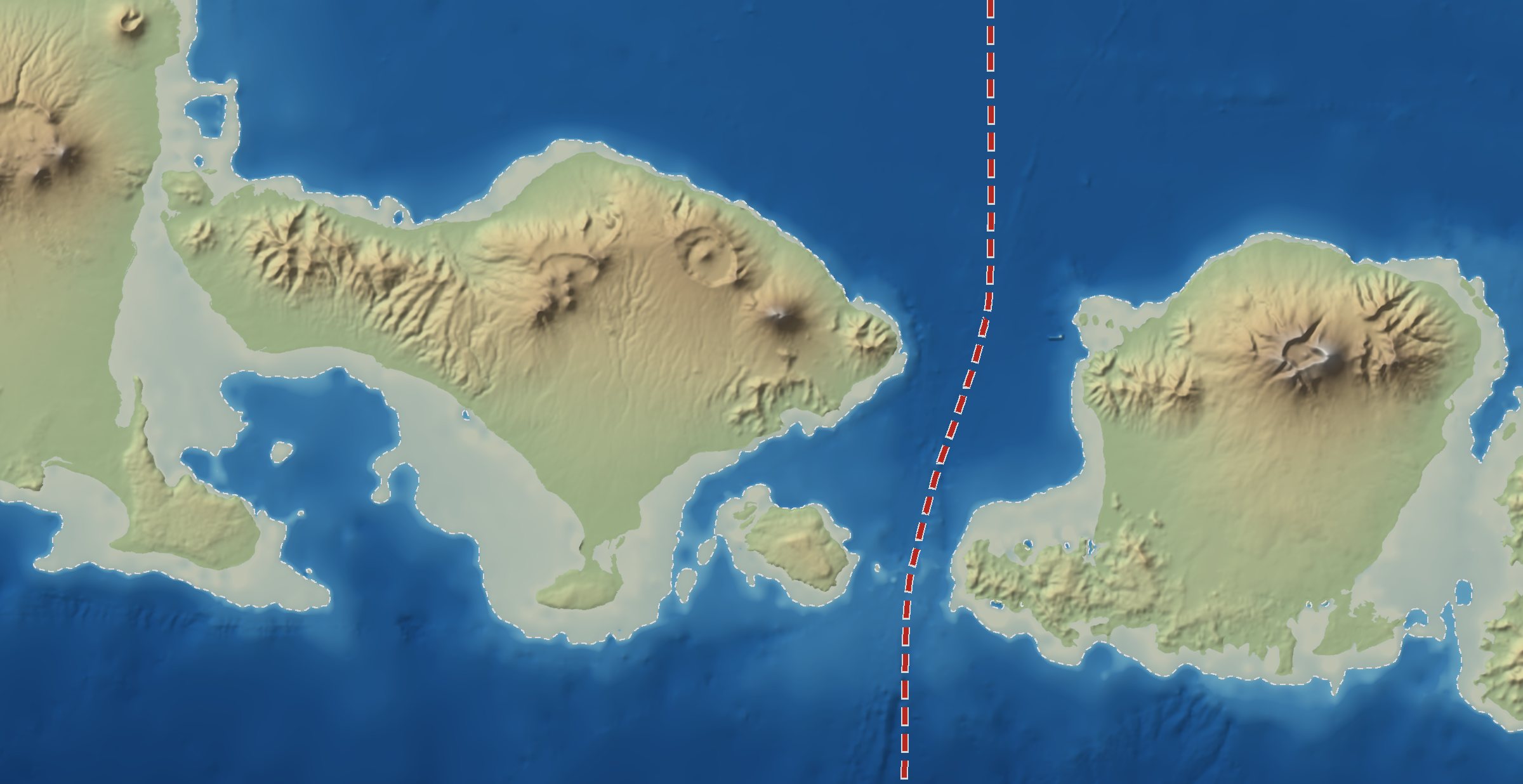 バリ島、ロンボク海峡、ロンボク島の地図。両島の間をウォレス線が通る
