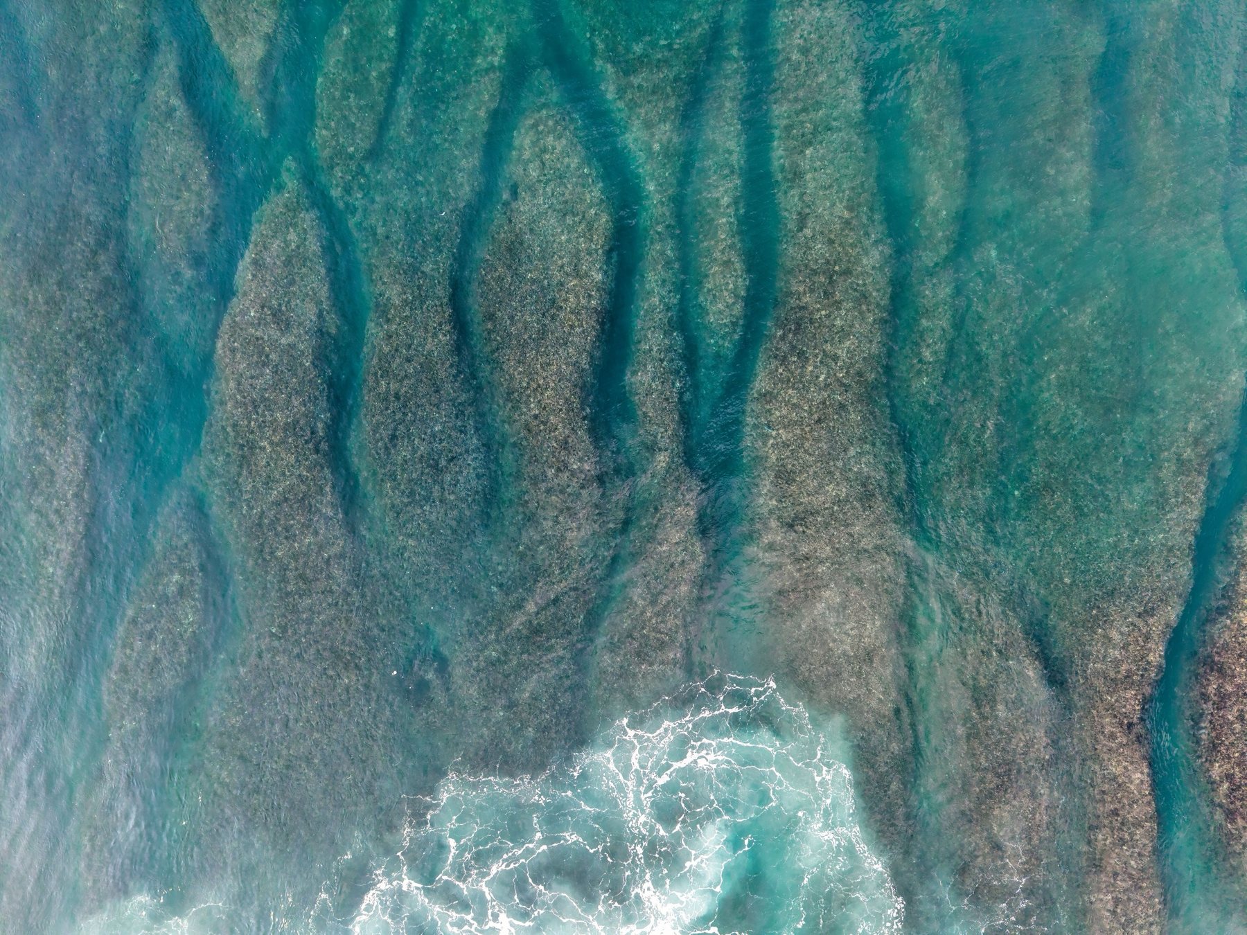 Shallow reef flats seen from the air: in Wakatobi the reefs come right up to the surface around the islands and atolls.