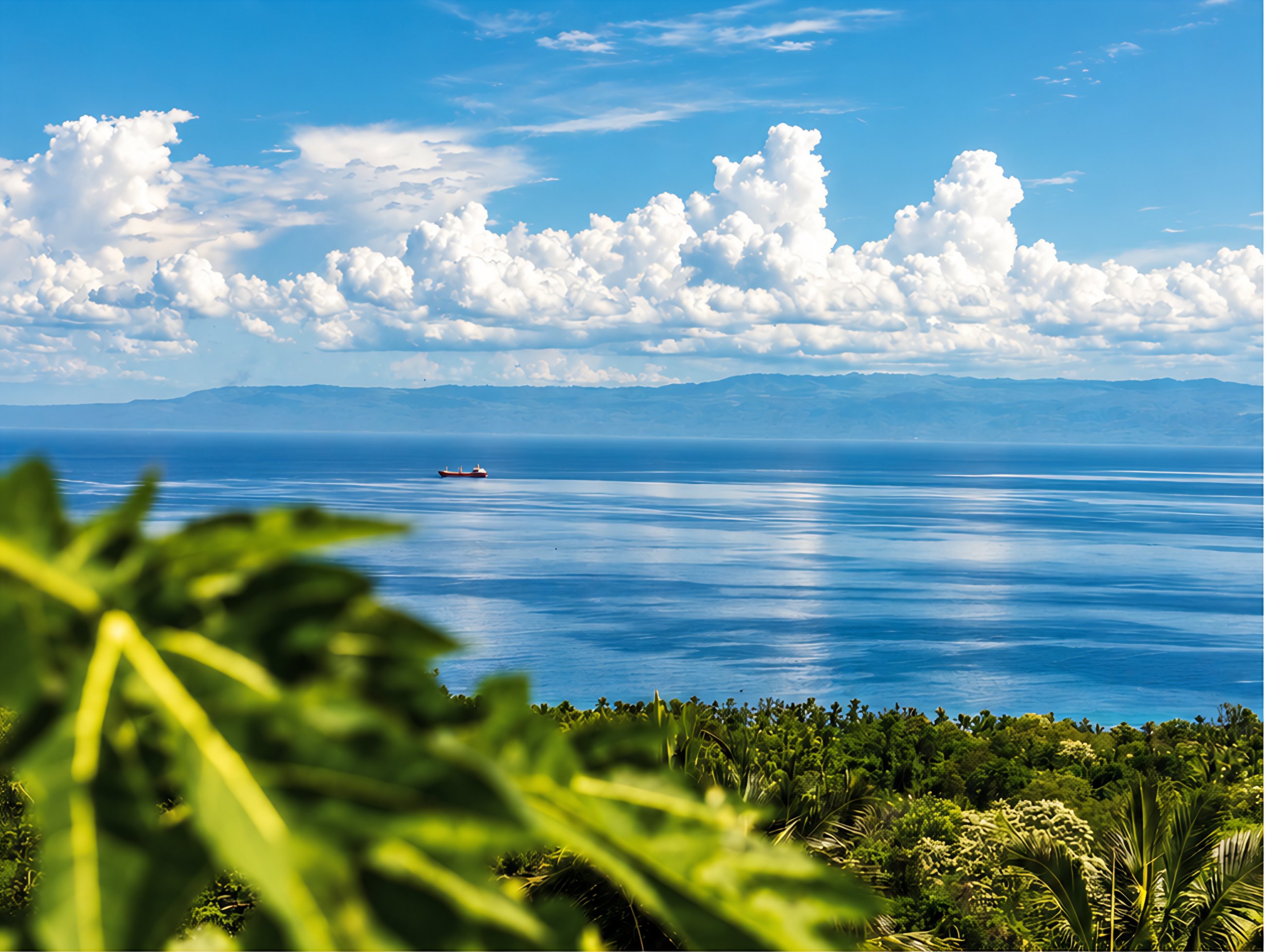 Ruhiges blaues Meer vor Sulawesi mit einem Frachtschiff, Palmenwald im Vordergrund und Bergen am Horizont