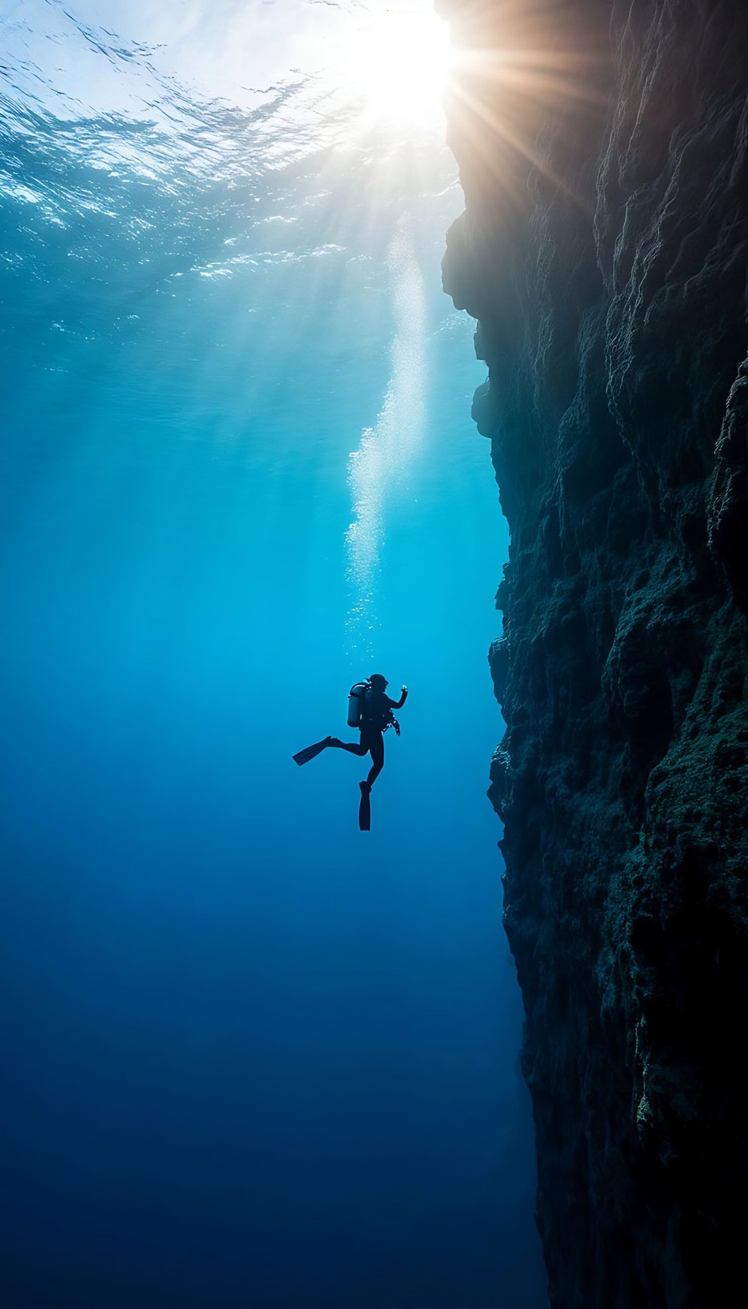 Ein Taucher sinkt an einer senkrechten Riffwand hinab, Sonnenlicht bricht durch die Wasseroberfläche