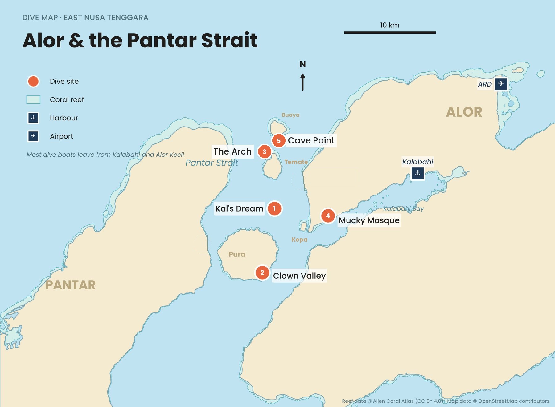 Dive sites in the Pantar Strait and Kalabahi Bay. Most dive boats leave from Kalabahi and Alor Kecil. Reef data: Allen Coral Atlas (CC BY 4.0). Map data © OpenStreetMap contributors.