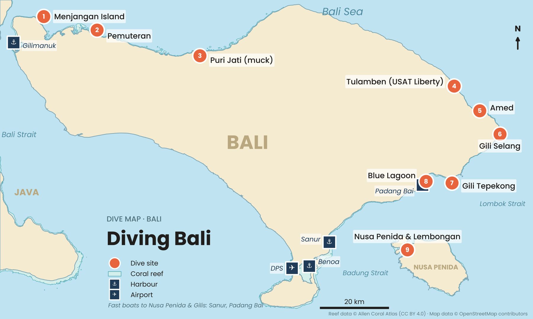 Bali's main dive areas, with harbours and the airport. Fast boats to Nusa Penida leave from Sanur and Padang Bai. Reef data: Allen Coral Atlas (CC BY 4.0). Map data © OpenStreetMap contributors.