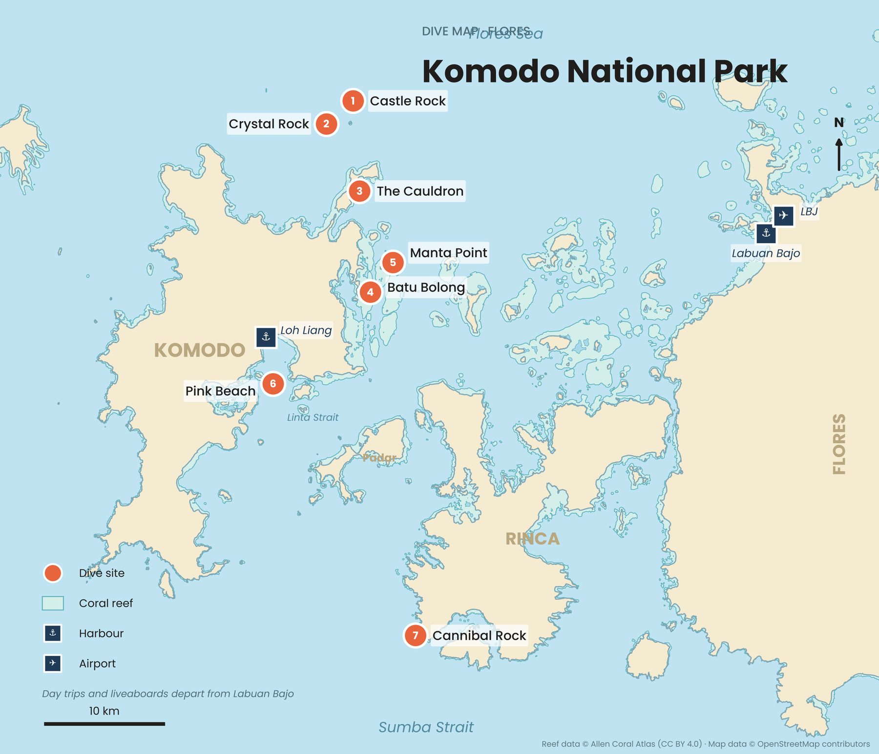 Komodo National Park's main dive sites. Day trips and liveaboards depart from Labuan Bajo on Flores. Reef data: Allen Coral Atlas (CC BY 4.0). Map data © OpenStreetMap contributors.