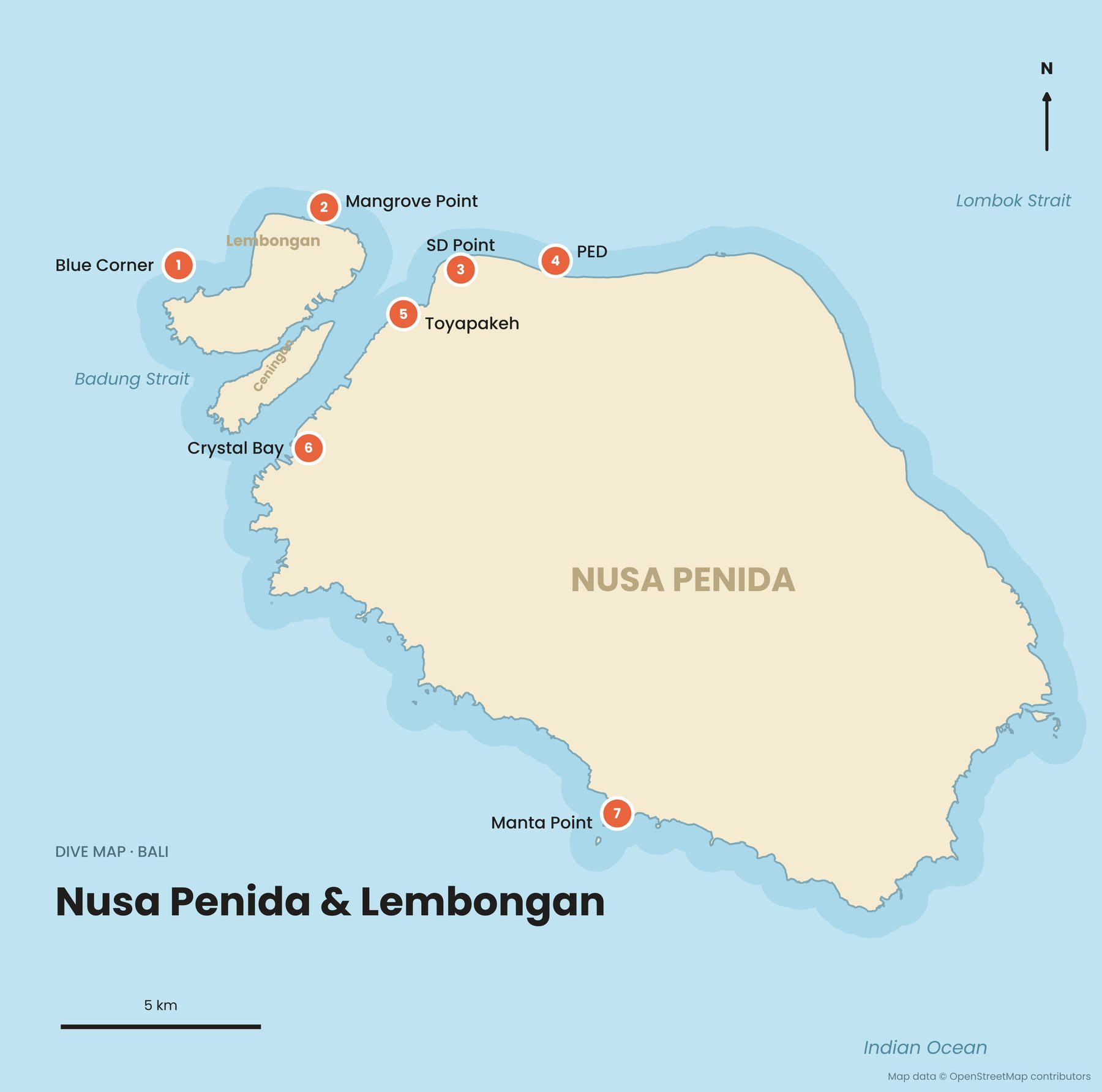 Dive sites around Nusa Penida, Nusa Lembongan and Nusa Ceningan. Map data © OpenStreetMap contributors.