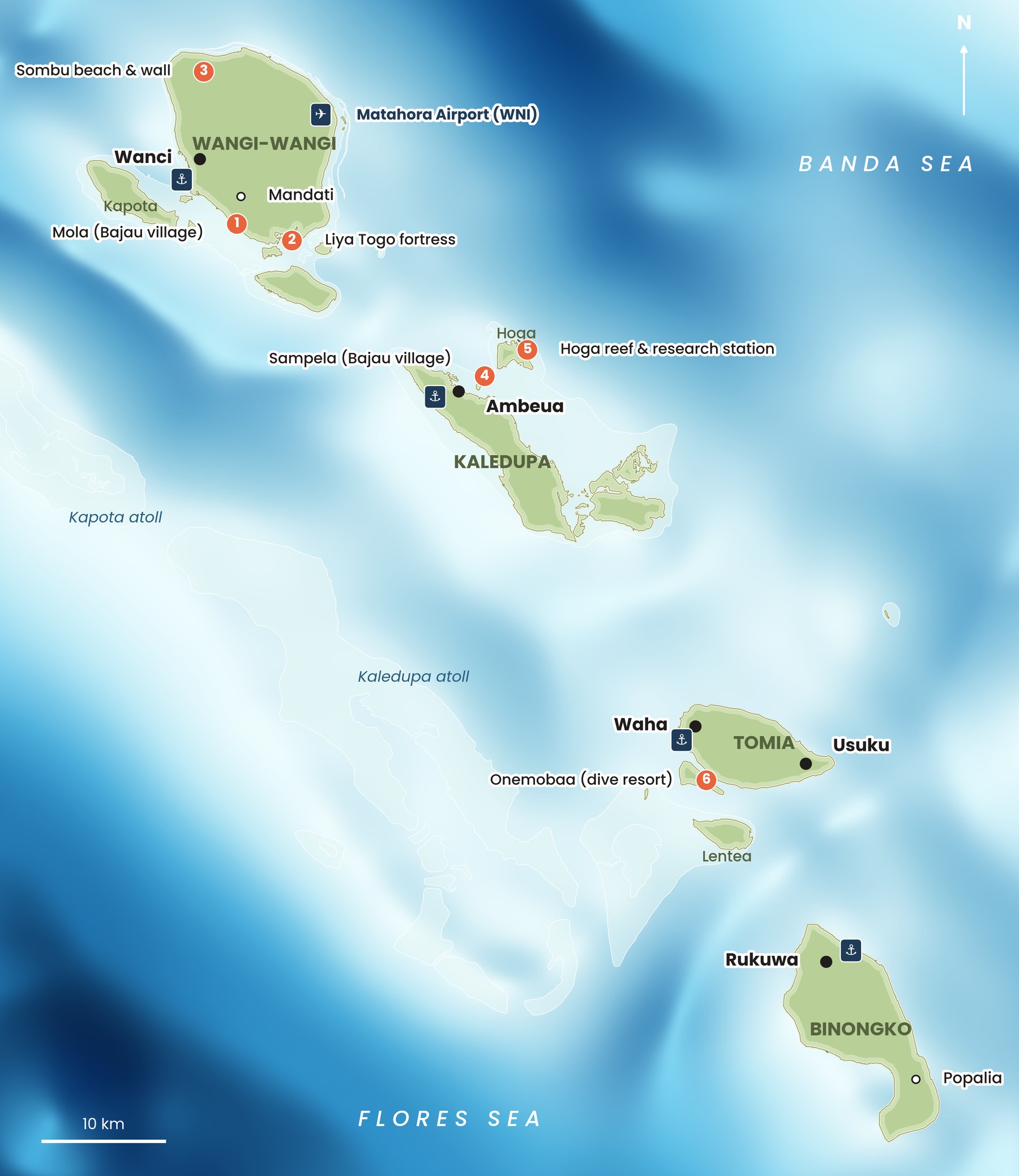 Map of Wakatobi National Park showing Wangi-Wangi, Kaledupa, Hoga, Tomia and Binongko, with towns, harbours, the airport and numbered sights