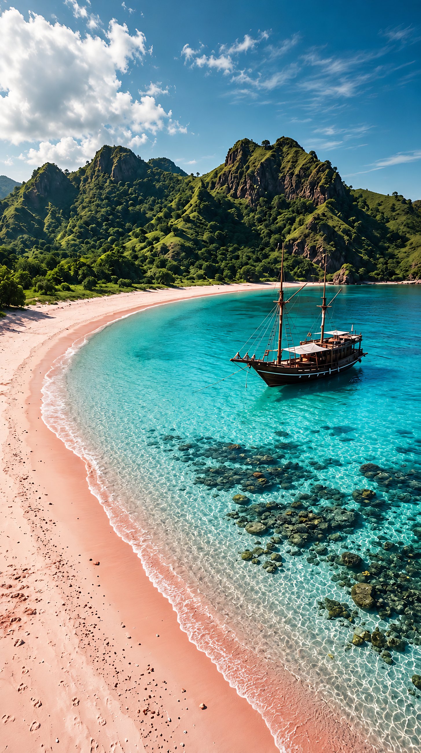 Pink Beach: the sand gets its colour from fragments of red coral. A traditional phinisi boat at anchor in the bay.